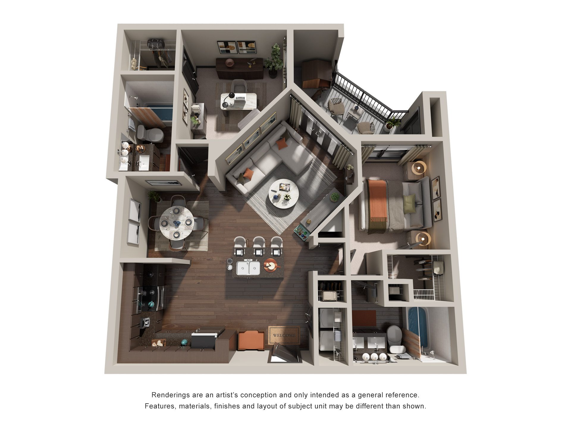 Floor plan for 2 beds, 2 baths, 1119 sqft